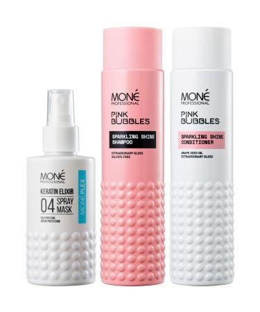 MON Professional - Shine & Repair Set: 10-in-1 Keratin Spray (150ml) + Sparkling Shine Sulfate-Free Shampoo & Conditioner Duo (2x300ml) - For Colored Dry or Damaged Hair