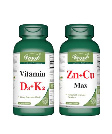 VORST Vitamin D3 + Vitamin K2 120 Capsules and Zinc + Copper 120 Capsules (Combo Bundle 2 Bottles)