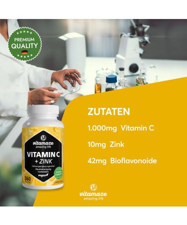 High Dose Vitamin C 1000 mg + Zinc - 360 Vegan Tablets | 12 Month Supply | Natural Nutritional Supplement Made in Germany - Buy Online on GoSupps.com