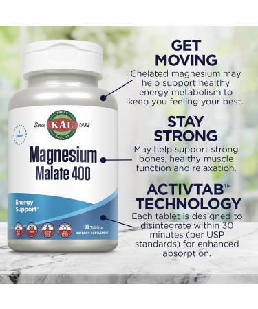 KAL Magnesium Malate 400mg Chelated Supplement with Malic Acid - Energy & Muscle Support - Vegan, Non-GMO - 90 Veg Tabs - Buy Online on GoSupps.com