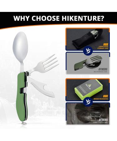 Hikenture Camping Utensils Set - 4-in-1 Stainless Steel Fork Knife Spoon Bottle Opener - Army Green | Travel Eating Cutlery Multitool for Hiking & Scouts - Buy Online on GoSupps.com