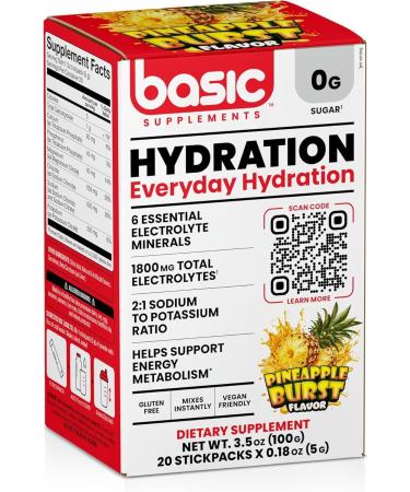 Basic Hydration Electrolyte Drink Mix 1800mg Total Electrolytes 6 Essential Minerals 2:1 Sodium Potassium Ratio 0 Sugar Vegan & Gluten Free 20 StickPacks Pineapple Burst 20 StickPacks - Buy Online on GoSupps.com