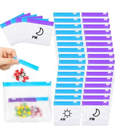 56 Pcs AM PM Pill Pouches Bags Travel Pill Bags Zippered Medicine Organizer Day and Night Pill Bag Reusable Plastic Pill Baggies with Slide Lock Monthly Pill Organizer 2 Times a Day (Blue Purple)
