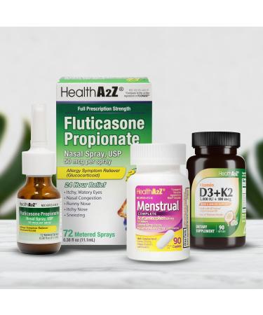 HealthA2Z Runny & Stuffy Nose Bundle | Vitamin D3 (5 000 IU) + K2 MK-7 (90 Softgels) + Menstrual Complete Pain Relief (90 Tablets) + Fluticasone Propionate Nasal Spray 50 mcg (7