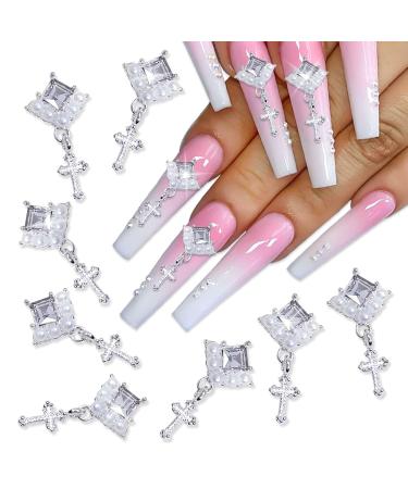 WOKOTO 20 Pcs Dangle Cross Nail Charms Silver Nail Charms for Nail Art Jewels Luxury Nail Rhinestones and Pearls Decorations for Nails Designs Charms 3D Cross Charms for Acrylic Nails Gems for Women KIT1