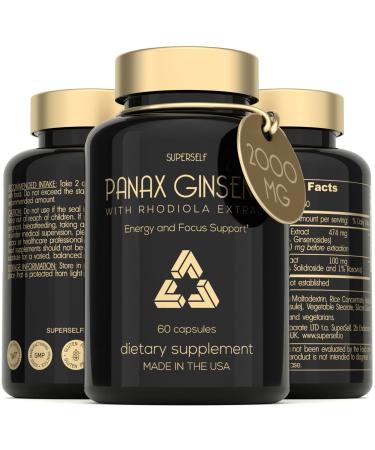 Panax Ginseng and Rhodiola Rosea 2000mg - Korean Ginseng High Strength 60 Capsules - Herbal Supplement for Men & Women - Energy Complex with Ginseng Root Extract Standardized 7% Ginsenosides - US Made