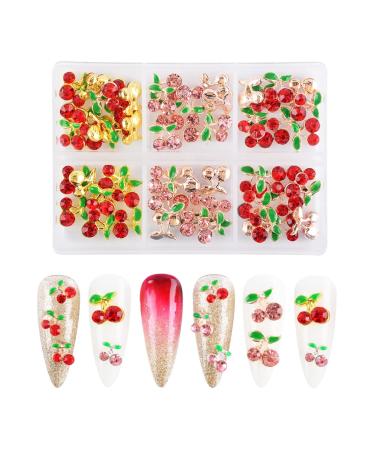 60 Pcs 3D Nail Rhinestones  Cherry Nail Charms Fruit Luxury Cherry Design Red Pink Big Diamond Crystal Nail Studs Gold Silver Alloy Nail Gems for Women DIY Nail Art Decoration Supplies Crafts(9x9mm) Cherry Nail Charms(9x...