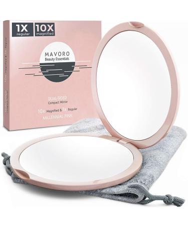 Magnifying Compact Mirror for Purses 1x/10x Magnification Double Sided Travel Makeup Mirror 4 Inch Small Pocket or Purse Mirror. Distortion Free Folding Portable Compact Mirrors (Millennial Pink)