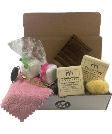 ModaMoo's Day Spa Gift Box Set. Cucumber Melon and Asian Tea Blossom Soaps Jade Roller Sea Sponge and More