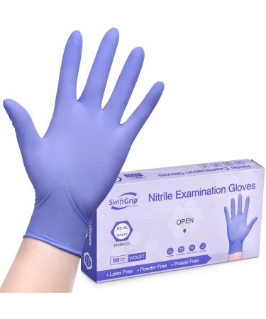 SwiftGrip Disposable Nitrile Exam Gloves 3mil Medium Box of 50 Violet Nitrile Gloves Disposable Latex Free for Medical Cleaning Cooking & Esthetician Food-Safe Powder-Free Non-Sterile Purple Medium 50