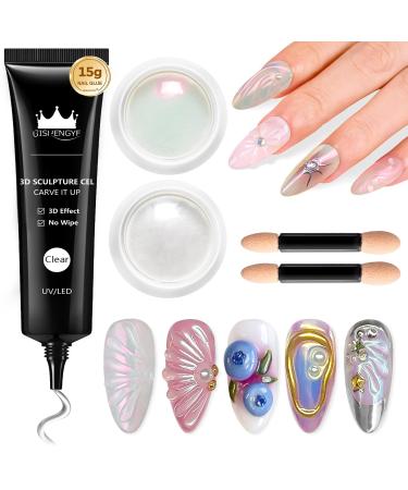 BISHENGYF 3D Gel Nail Polish & Chrome Nail Powder:Clear 3D Gel Nail Polish 2 pcs Moonlight Aurora Pearl Crome Powder Nail Polish No Wipe Nail Art Home Decoration (White)