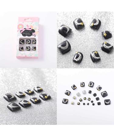 Sethexy 3D Bling Black Toenail Tips - 24 PCS Complete Cover Acrylic Moon Star Square Art for Women & Girls - Buy Online on GoSupps.com