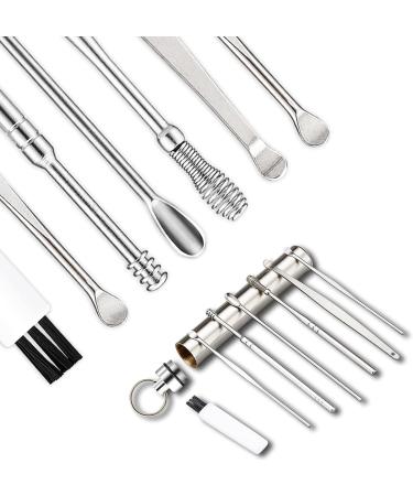 Riquie Spring Ear Wax Cleaner Tool - Portable Stainless Steel Earwax Removal Kit - 7-in-1 Ear Spoon with Brush - Key Chain Storage - Silver - Buy Online on GoSupps.com