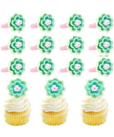 Ercadio 20 Pack Flower Ring Cupcake Toppers Picks Flower Theme for Bridal Engagement Baby Shower Birthday Party Cupcake Picks Anniversary Party Decorations Supplies Green