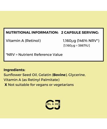 Retinol Vitamin A Softgel Capsules - Contributes to The Maintenance of Normal Skin & Vision - 180 Pack - Easy to Swallow - Made by Col & Jen - UK - Buy Online on GoSupps.com