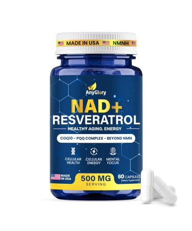 Anyglory NAD+ Supplement with 500mg NR, Resveratrol, CoQ10, PQQ- 5-in-1 NAD Formula |NMN Supplement Alternative|NAD Resveratrol Support Cellular Energy & Healthy Aging-Made in USA-60 Capsules