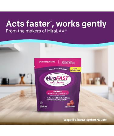 MiraFAST Soft Chews from The Makers of MiraLAX Gentle Constipation Relief Fast Acting Stimulant Free Saline Laxative Magnesium Hydroxide Blueberry & Raspberry Flavor 60ct - Buy Online on GoSupps.com