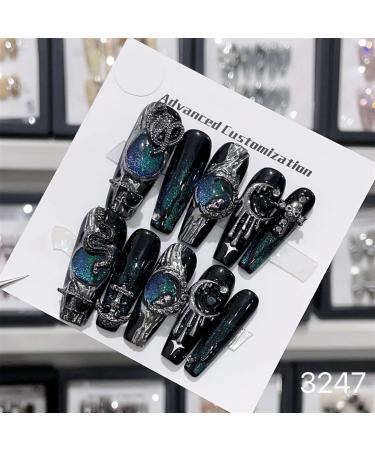 Nail Tips False Nails Tips Art Press on Nails Hand Made Fake Nails Painting Alloy Chain Decor Luxury Magic Mirror Power Design Punk Press On Nails(3247 S)