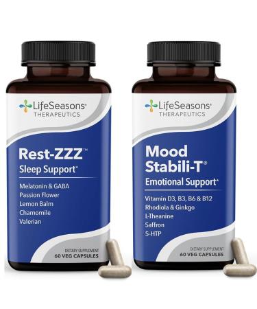 LifeSeasons Rest-ZZZ + Mood Stabili-T Bundle Natural Sleep & Mood Support Fall Asleep & Stay Asleep Promote Calmness Balanced Mood & Happiness Low Dose Melatonin Rhodiola 60 Capsules Each