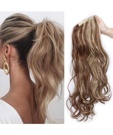 SEGO PONYTAIL Extension Pfervie Hair Part Hair Extension Cabbage with butterfly clip Hir Piece Hair smooth heat-resistant like real hair Welled-bright brown & ashblond 61 cm 60 cm (Lot de 1) Modern corrugated-bright brown & ashblond