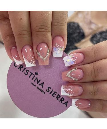 French Tip Press on Nails Short Square Fake Nails Pink Full Cover False Nails with Glitter Designs Rhinestones Acrylic Nails White Tip Gradient Artificial Nails Nail Decorations for Women Girls SquareNails2