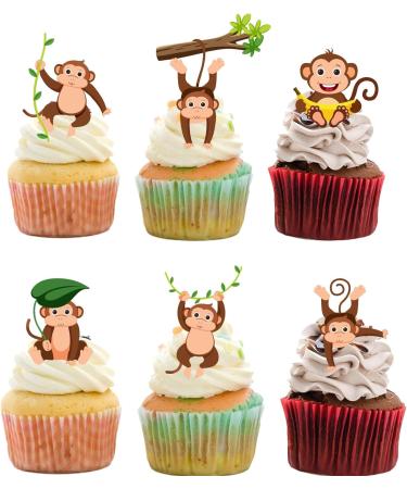 18pcs Cute Monkey Cupcake Toppers for Boys Girls Happy Birthday Banana Safari Jungle Animal Party Decorations Supplies Glitter Monkey Birthday Cake Decorations - Buy Online on GoSupps.com