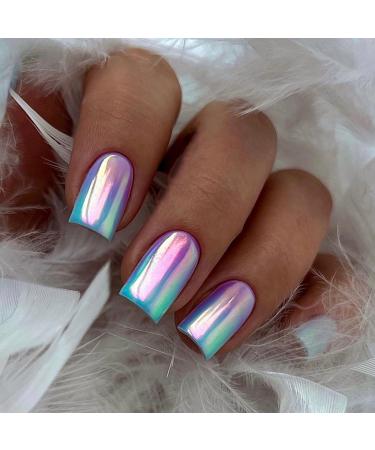 24 pieces of artificial nails short blue purple color gradient french press on nails acrylic nails to stick on ballerina fingernails artificial nails fake nails for women girls nail art manicure aurora color gradient