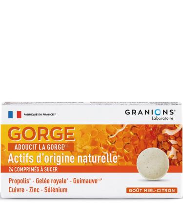 Throat GRANIONS | Dietary Supplement | Sore Throat Normal Immune System Function | Propolis + Royal Jelly + Marshmallow | Honey Lemon Flavor | FR Brand | 24 Tablets