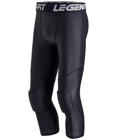 Legendfit Youth Boys Basketball Compression Pants with Knee Pads 3/4 Capri Padded Sport Tights Athletic Workout Leggings Black Small