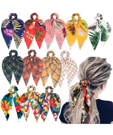 Sunaction 12 Pcs Hair Scarf Scrunchies Tropical Style Chiffon Floral Scrunchie Scarf Ponytail Holder with Bows Flower Pattern Ponytail Scarf floral&checks