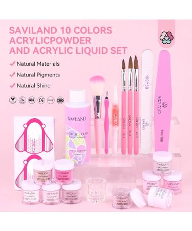 Saviland 10 Colors Glitter Pink Acrylic Nail Set | DIY Acrylic Nail Kit with Brushes, Powder, Liquid, Dappen Dish, and Cuticle Oil - Nail Supplies for Acrylic Application - Buy Online on GoSupps.com