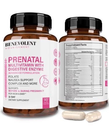 Prenatal Vitamins with DHA and Folate - Multivitamin Supplement with Iron Calcium Digestive Enzyme Cognitive & Nausea Support - Before & During Pregnancy for Mom & Baby 90 Gel Capsules