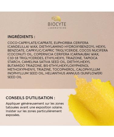BIOCYTE Tattoo Stick Solaire SPF 50 - Protection Solaire Tatouage Huile De Coco - Tous Types De Peau - R sistant A L'Eau & Fini Invisible Non Gras - 18g - Buy Online on GoSupps.com