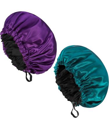 Fuyamp 2 Packs Satin Sleep Cap Adjustable Silky Sleep Bonnet for Women Long Curly Hair Double-Sided Waterproof Satin Hair Cap Extra Large Sleep Satin Bonnet for Women Girls Sleeping Purple+Lake Green