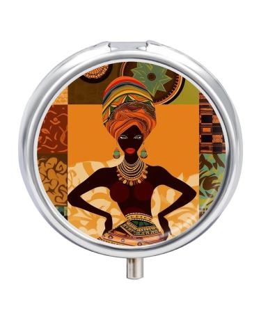 Round Pill Box African Woman Print 3 Compartment Medicine Pill Case Print Pill Organizer Decorative Metal Portable Pill Box Pocket Pill Box Style