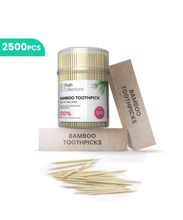 Posh Collection Bamboo Toothpicks Double Sided Toothpicks Wood for teeth - 2500-Piece Sturdy Round Toothpicks For Teeth Cleaning, Food, Crafts In Clear Holders