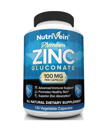 Nutrivein Premium Zinc Gluconate 100mg - 120 Capsules - Immunity Defense Boosts Immune System & Powerful Antioxidant - Promotes Healthy Skin and Acne Defense - Essential Elements for Absorption