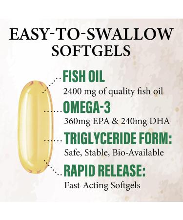 Omega 3 Fish Oil Supplements 2400 mg - Triple Strength Omega3 - EPA & DHA with Essential Fatty Acids - Natural Immune Brain & Heart Health Support - Burpless Lemon Flavor Wild Caught - 120 Softgels 120 Count (Pack of 1) - Buy Online on GoSupps.com