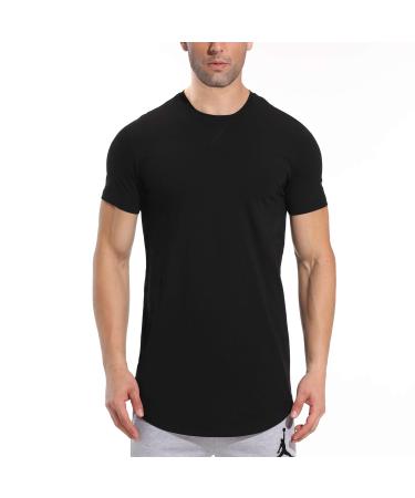 LETAOTAO Mens Workout Shirts Hipster Slim Fit T-Shirts Longline Drop Cut Gym Muscle Tee Black 970 Medium