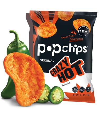 Popchips Potato Chips, Crazy Hot, 12ct Single Serve 0.7oz Bags, Low-Calorie, Kosher and Gluten Free, Healthy Snacks for Adults and Children, Never Fried, Only 3g of Fat & 90 Calories Per Bag Crazy Hot 0.7 Ounce (Pack of 12)