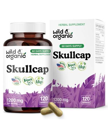 Wild & Organic Skullcap Herb Capsules 1200 mg - Calming Skullcap Supplement - 120 Capsules - Scutellaria Lateriflora Leaf Extract - 2-Month Supply - Vegan No Fillers Non-GMO 120 Count (Pack of 1)