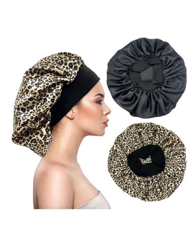 Eupinduo 2 pieces satin sleeping cap bonnet hair hood curly hood for sleeping hair hood for the night enlarged high elastic width creme soft female satin hood sleep black leopard pattern