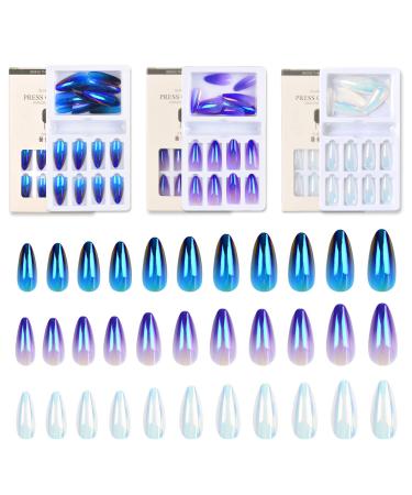 72 Pcs Press on Nails, Fake Nails Glossy Gradient Colorful Stiletto Professional Acrylic Nail Tips Set, False Nails Medium Long with Adhesive Tabs Nail File (Purple+Blue+White)