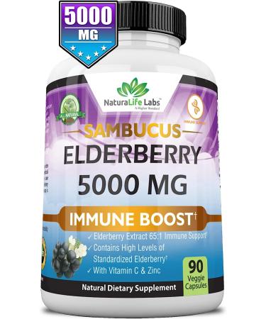 Sambucus Elderberry 5000mg Super Concentrated with Vitamin C & Zinc - Immune Support Supplement | 90 Veggie Capsules - Buy Online on GoSupps.com