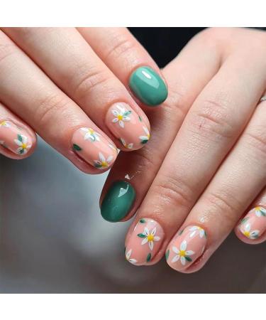 24pcs Short Oval False Nails Green Pink Stick on Nails Flower Pattern Press on Nails Removable Glue-on Nails Fake Nails Women Girls Nail Art Accessories 0252Y31