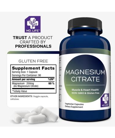MD. Life Magnesium Citrate 250 mg 90 Capsules High Absorption Magnesium Citrate Supplement Easy-to-Swallow Capsules for Muscle Nerve Heart Sleep and Bone Support 90 Count (Pack of 1) - Buy Online on GoSupps.com