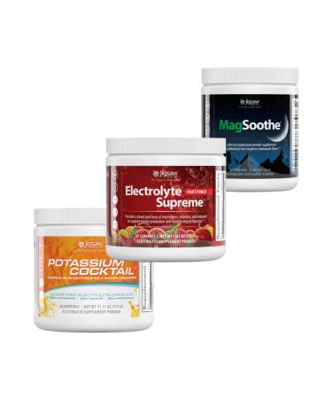 Jigsaw Pickleball Hydration Stack | Potassium Cocktail (Orange) Electrolyte Supreme (Fruit Punch) and MagSoothe (Raspberry Lemonade) 60 Servings (Jar)
