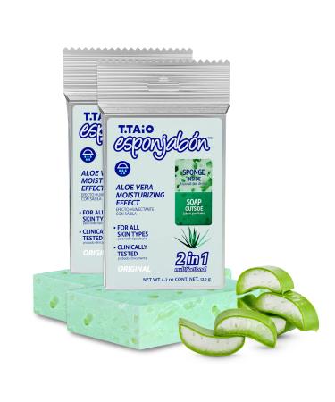 T.Taio Esponjabon Aloe Vera Soap Sponge - Gentle Shower Scrubber - Cleaning Bath Wash Scrub - Dirt & Oil Removal - Massage & Lather Foot, Elbow, & Face - Bathroom Accessories - Fresh Scent (2-Pack)