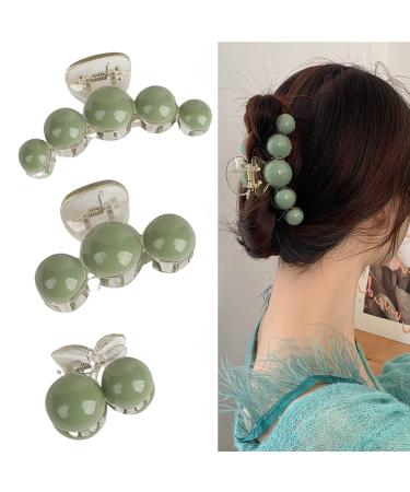 3 Pack Green Pearl Hair Claw Clips Non-slip Hair Jaw Clips Big Medium Small Hair Clips Barrettes Decorative Hair Accessories for Thick Medium Thin Hair Clamp for Women and Girls (green) (green)