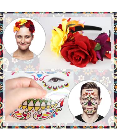 BigOtters Day of The Dead Headband Set - 4Pcs Flower Crown Headband with Halloween Dead Tattoos for Mexican Theme Decor & Fiesta Party Favor - Buy Online on GoSupps.com